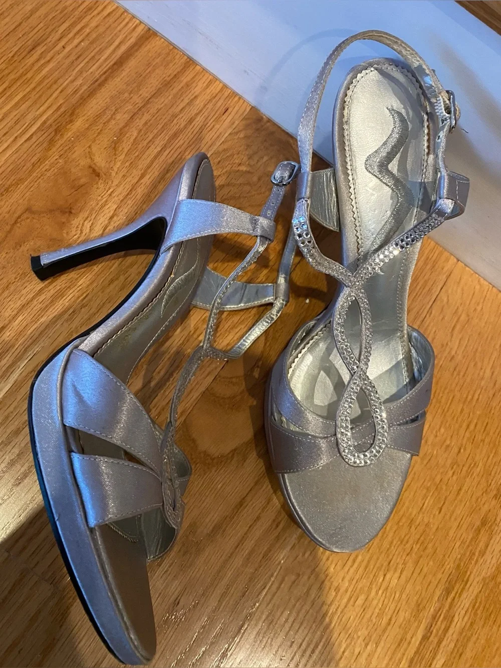Nina Silver Rhinestone T-Strap Heeled Sandals